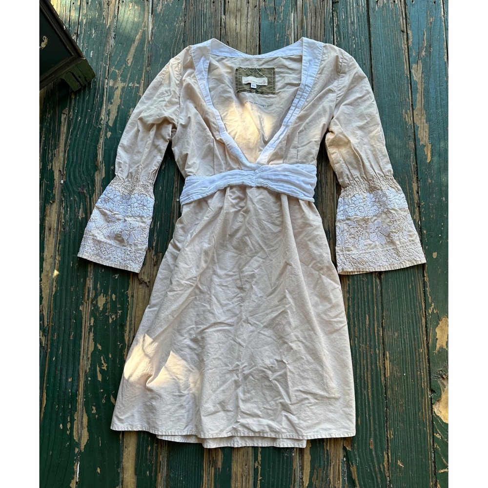 Odd Molly Tan Cotton Embroidered Bell Sleeve Empire Waist Boho Dress Size 2